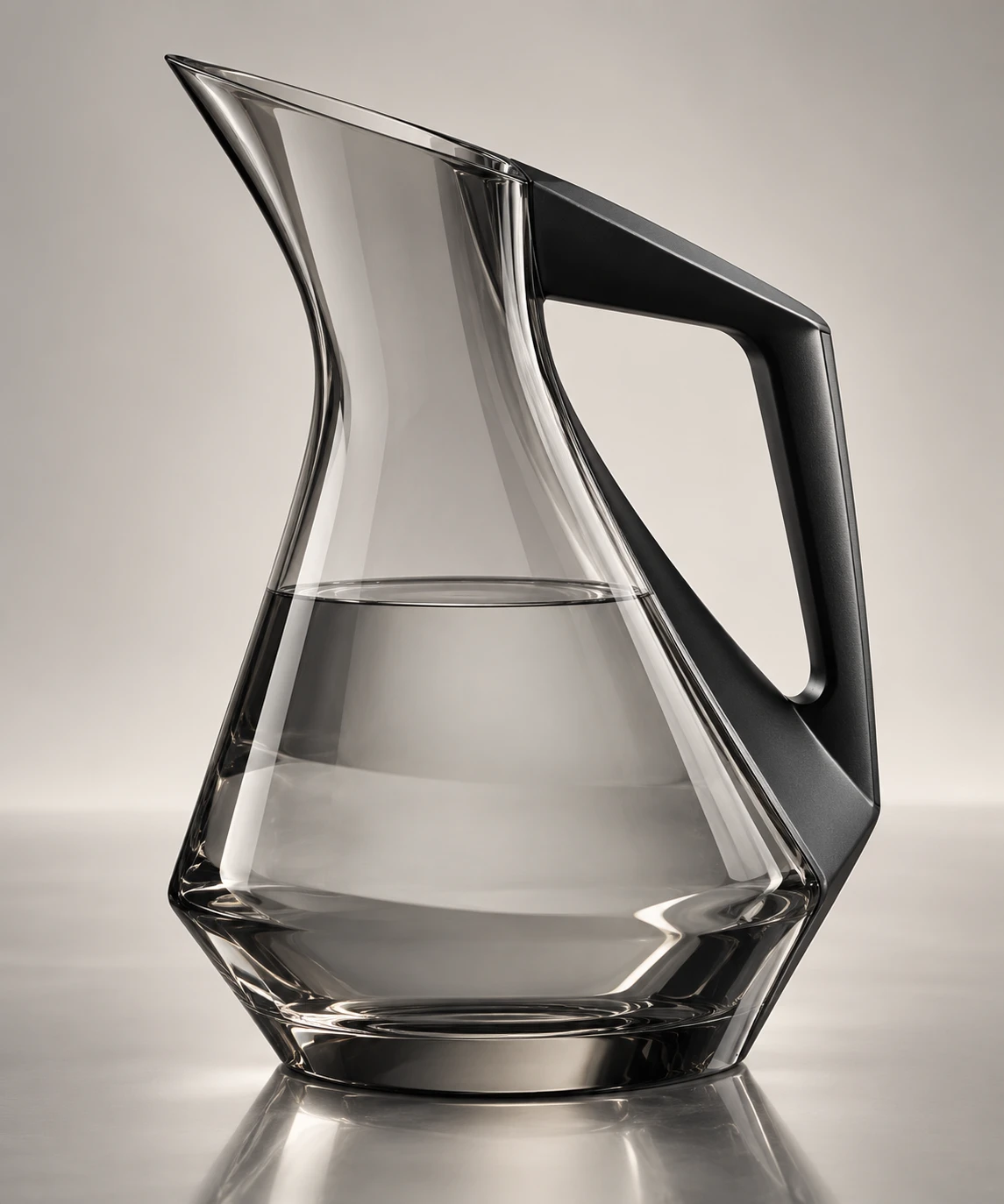 Studio di una caraffa in vetro con manico geometrico. Ricerca formale e visualizzazione dei materiali.