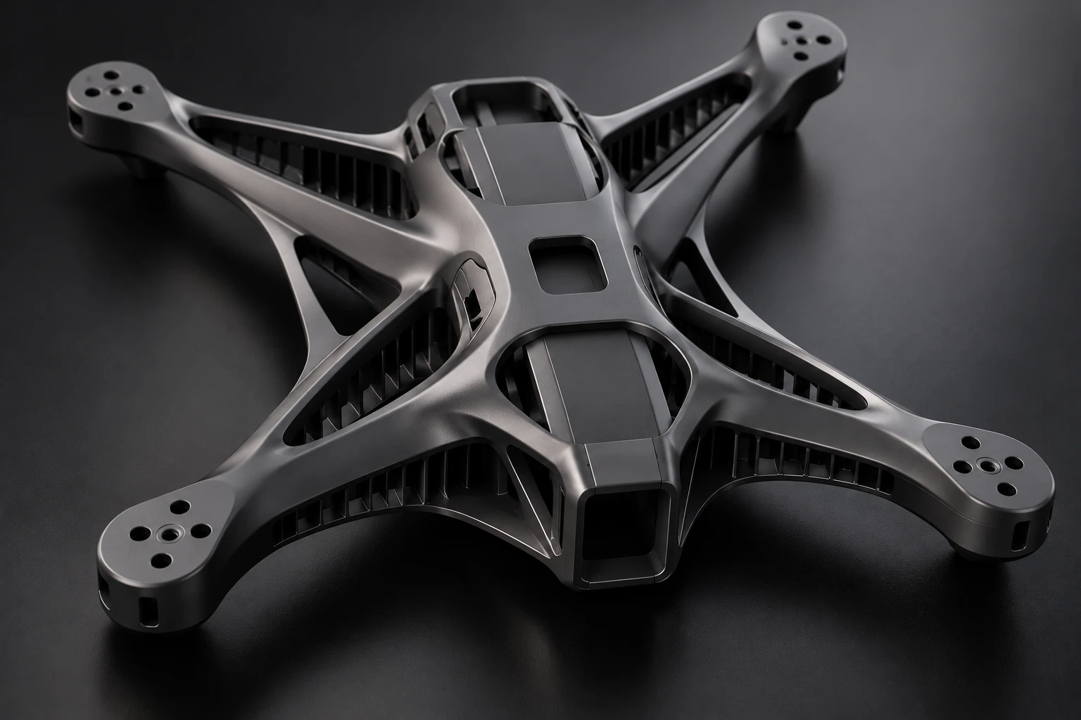 Concept di telaio drone in grafite: geometrie cave, nervature e ricerca delle superfici. Visualizzazione AI, senza verifiche di volo.