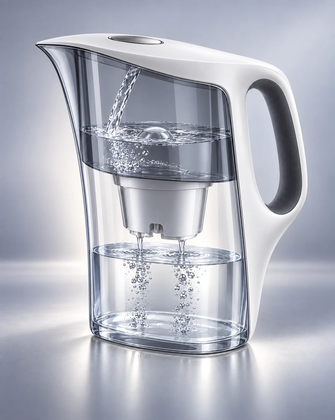 Studio di design per una caraffa filtrante: volumi trasparenti, impugnatura e continuità delle forme. Le prestazioni del filtro non sono validate dal render.