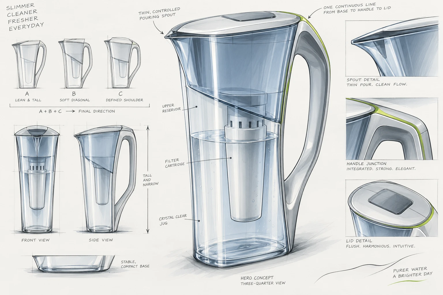 Tavola di ricerca per una caraffa: alternative di proporzione, profili e dettagli del manico.