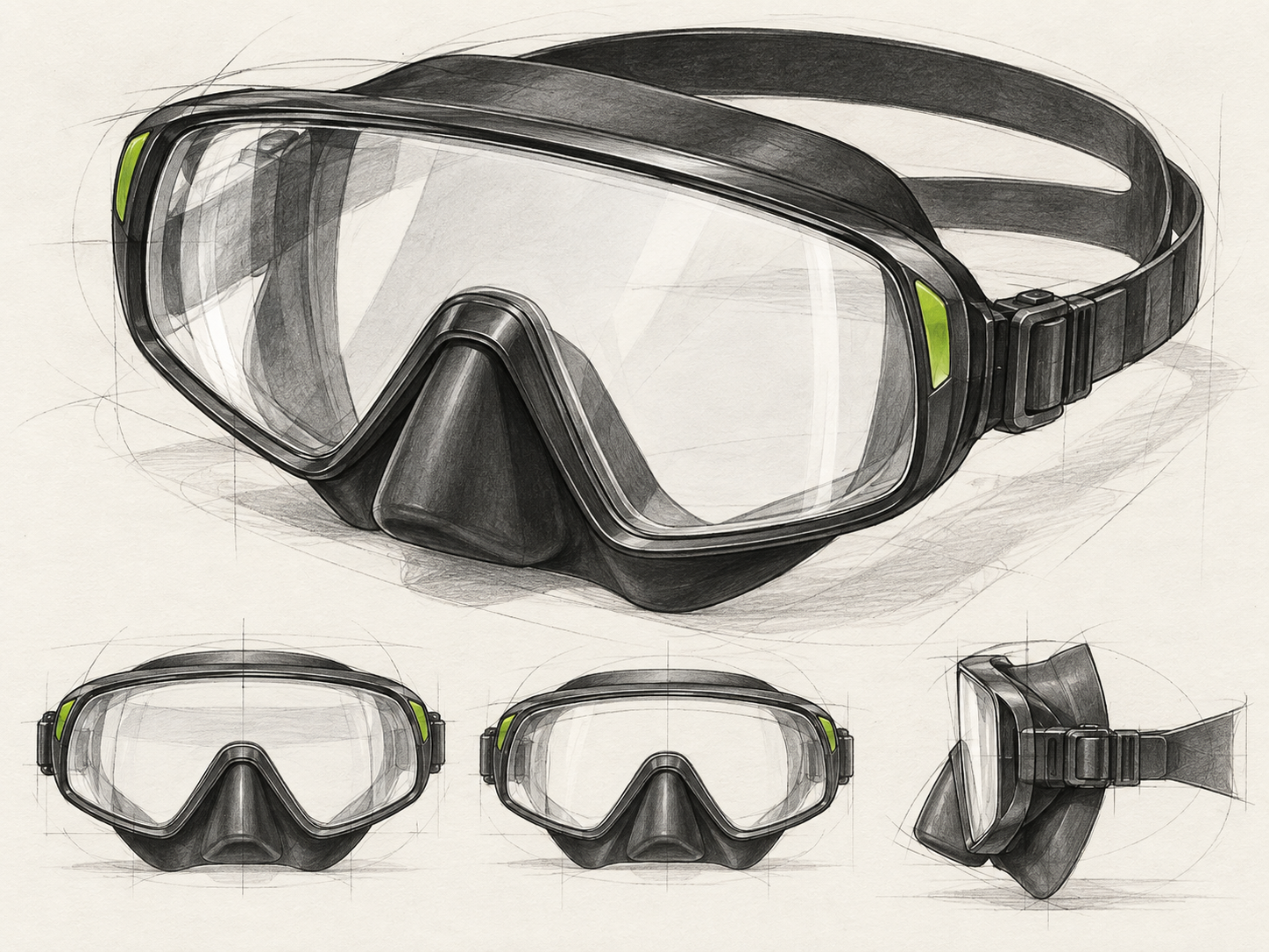 Studio di sketch per una maschera da sub semplice, visualizzazione illustrativa AI