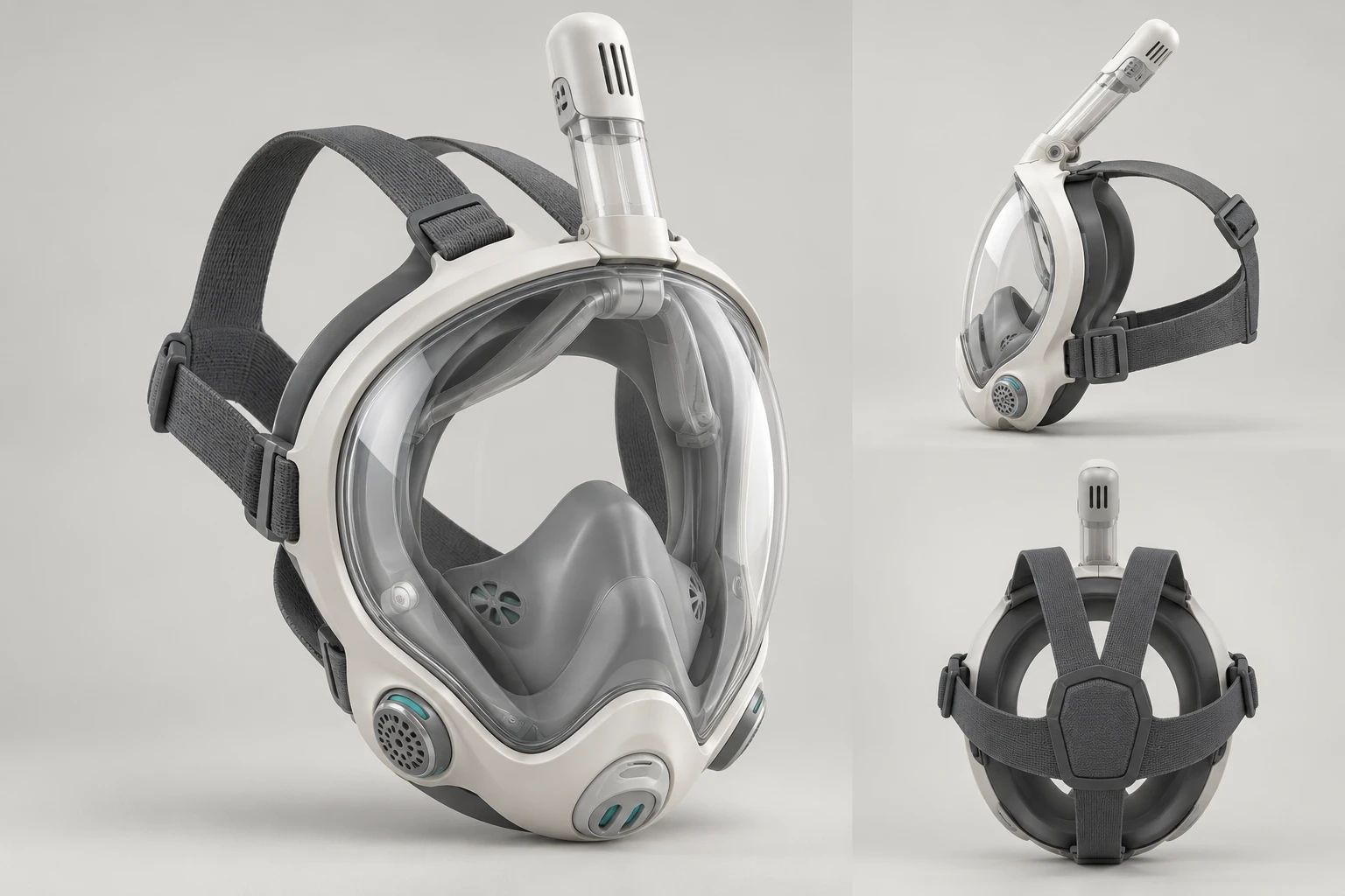 Studio estetico di maschera full-face da snorkeling in più viste. Concept illustrativo, privo di validazione funzionale.